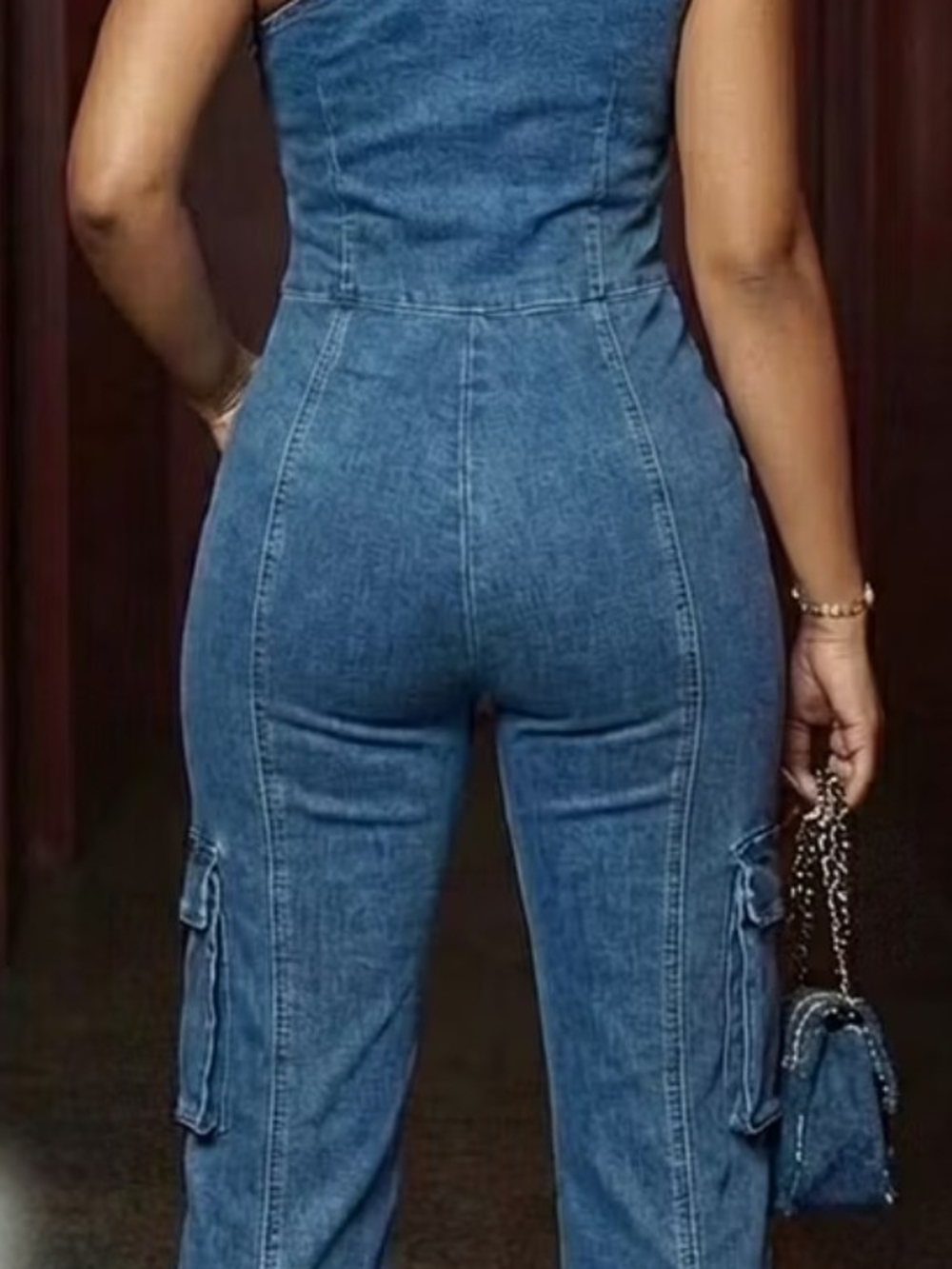 One-Shoulder Blue Denim Jumpsuit with Zip Detail - Picture 2 of 5